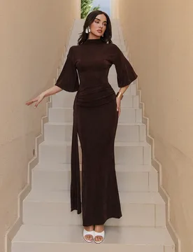 Vestido maxi elegante de mujer de unicolor con cuello alto, manga 3/4 y diseño de corbata ajustado S - Shein - FashionsVida