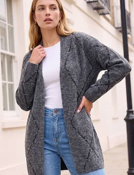 Women's Sparkle Argyle Cardigan Sweater in Charcoal Size: 12 - Charcoal - Size: 12 - Roman - FashionsVida
