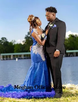 Luxury Sparkly Customized 2025 Blue Sequins Rhinestone Prom Dress Blackgirls Crystal Beads Feather Memaid Evening Party Gala Gow - Aliexpress - FashionsVida