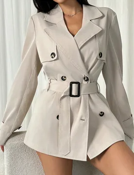 Abrigo trench de cintura ceñida y doble botonadura de longitud media M - Shein - FashionsVida