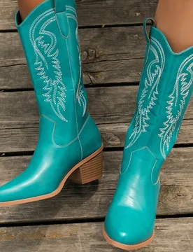 Botas de montar de media pantorrilla con tacón grueso, con bordados occidentales vintage para mujer, Otoño/Invierno 2025, de moda, botas vaqueras, b - Shein - FashionsVida