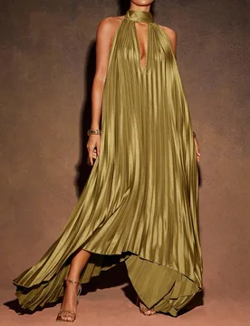 Vestido maxi elegante y sexy con cuello halter, espalda descubierta, plisado y cuello alto para vacaciones L - Shein - FashionsVida