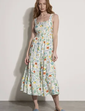 Women's Postcard Print Tiered Midi Dress in Cream Size: 10 - Cream - Size: 10 - Apricot - FashionsVida