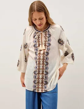 Pure Cotton Embroidered Tie Neck Tunic Top Ivory female - Monsoon - FashionsVida