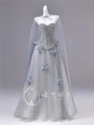 Luxurious strapless sequined mesh long three-dimensional flower host dress