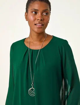 Women's Chiffon Banded Hem Pleated Necklace Top in Green Size: 10 - Green - Size: 10 - Roman - FashionsVida