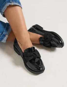 Women's Patent Bow Loafers In Wide E Fit in Black Size: 6E - Black - Size: 6E - Yours - FashionsVida