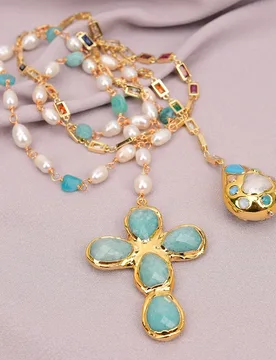 G-G 42" Cultured White Rice Pearl Colorful Rectangle Cz Long Chain Necklace Green Amazonite Turquoise Pearl Pendant - Aliexpress - FashionsVida