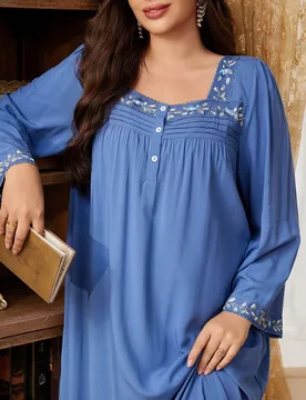 Camisón de talla grande holgado de manga larga con escote plisado estilo palacio y diseño de encaje bordado 2XL - Shein - FashionsVida