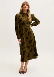 Scarlett High Neck Floral Print Midi Dress in Khaki Green - XS