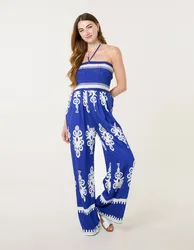 Halter Neck Shirred Waist Jumpsuit - M/L / BLUE - female