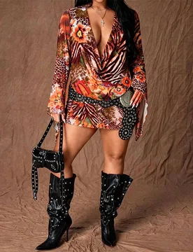 Vestido ajustado con cuello drapeado profundo, estampado de leopardo transparente y mangas abullonadas, atuendo sexy para fiestas, adecuado para princ - Shein - FashionsVida