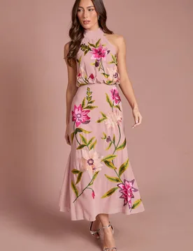 Women's High Neck Midi Dress With Floral Embroidery in Blush Size: 18 - Blush - Size: 18 - Coast - FashionsVida