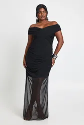Womens Plus Bardot Ruched Mesh Skirt Maxi Dress - Black - Size 18 Uk