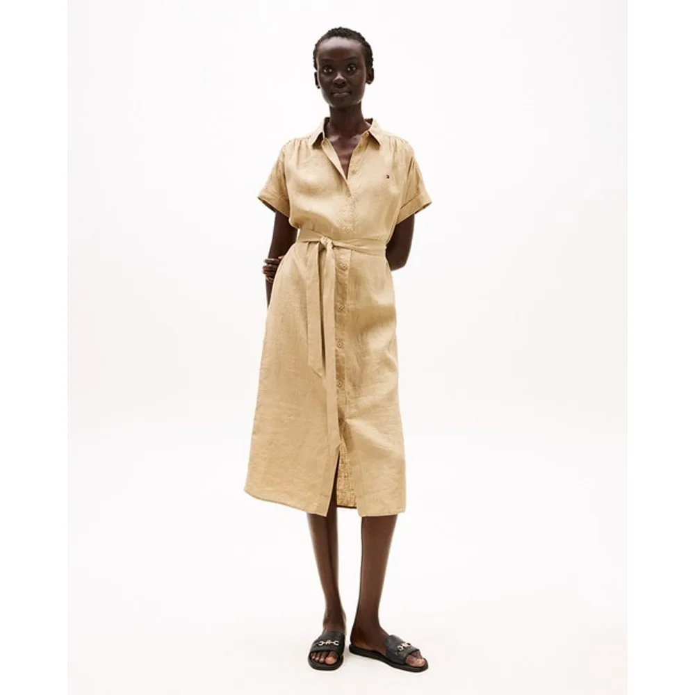 Vestido midi de lino de manga corta - Tommy Hilfiger - FashionsVida