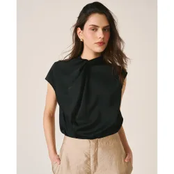 Blusa de mujer satén sin mangas y cuello drapeado asimétrico
