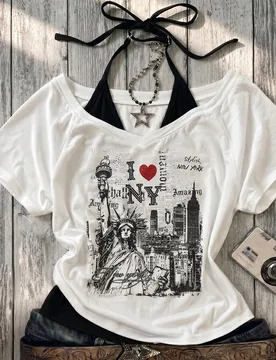 Camiseta para niñas preadolescentes con bloques de color blanco, camiseta de cuello en V con capa de camisola & gráfico de NY, top casual de verano - Shein - FashionsVida