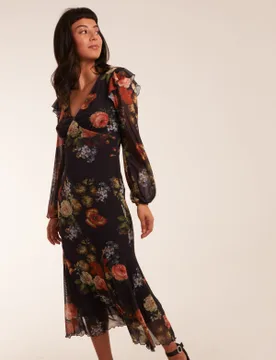 Godet Hem Frill Floral Cut Out Back Dress - 14 / BLACK - female - Blue Vanilla - FashionsVida