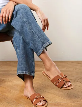 Women's 'Aderin' Cut Out Detail Strap Flat Sliders in Tan Size: 5 - Tan - Size: 5 - Where's That From - FashionsVida
