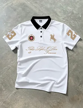 Camisa polo de manga corta casual y versátil con estampado de caballero y letras para hombre L - Shein - FashionsVida