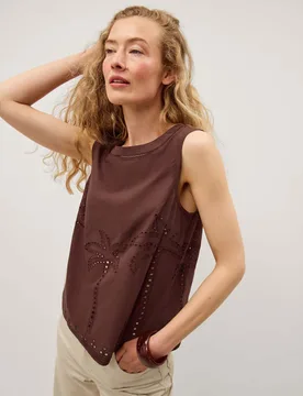 Pure Cotton Broderie Detail Vest Brown female - Monsoon - FashionsVida