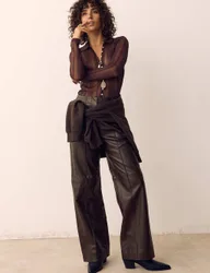Leather Pintuck Straight Leg Trousers Brown female