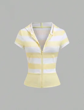 Sudadera con capucha de manga corta y bolsillo a rayas azul y blanco para mujer, viaje, verano, casual, activa L - Shein - FashionsVida