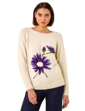 Womens Floral Placement Knit Jumper - Natural - Size 14 Uk - Roman - FashionsVida