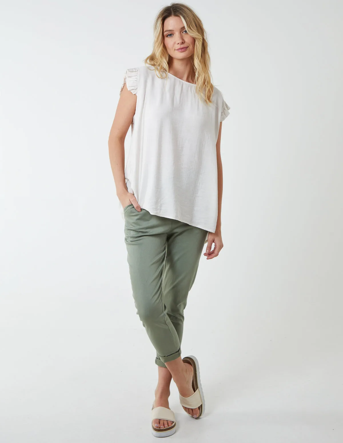 Button Back Frill Shoulder Top - S/M / BEIGE - female - Blue Vanilla - FashionsVida