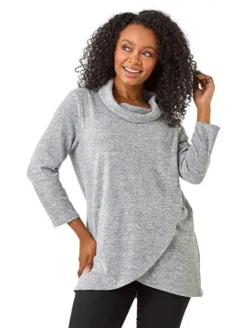 Womens Petite Brushed Knit Wrap Top - Grey - Size 12 Uk - Roman - FashionsVida
