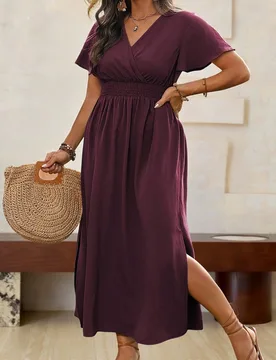 Vestido maxi de verano informal para mujer de talla grande con cuello en V, cintura ceñida, abertura alta y mangas tipo murciélago 5XL - Shein - FashionsVida
