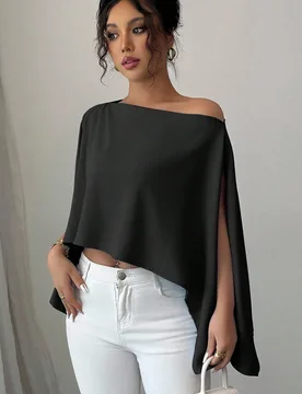 Blusa verde de mujer para primavera/verano 2025 con diseño asimétrico elegante y chic, de color negro claro, casual y versátil, con hombros caídos - Shein - FashionsVida