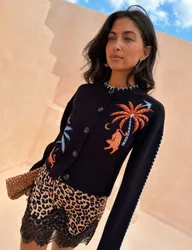 Embroidered Button Front Relaxed Cardigan Black Mix female