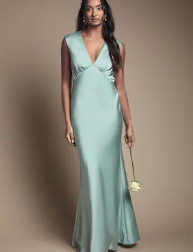 Women's Sage Satin Open Back Detail Maxi Bridesmaid Dress Size: 10 - Sage - Size: 10 - OASIS - FashionsVida