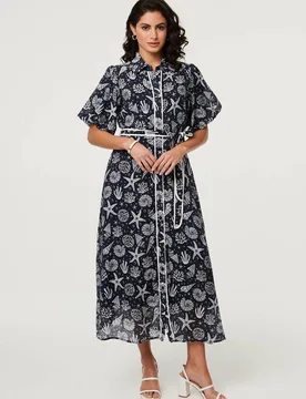 Women's Tropical Print Puff Sleeve Midi Dress in Navy Size: 16 - Navy - Size: 16 - Izabel London - FashionsVida