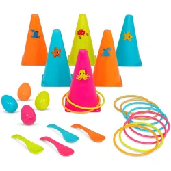 Juego de punteria con anillos y set balance cuchara-huevos B Toys