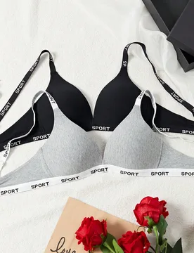 Piezas Conjunto de sujetador y camiseta de mujer con cuello en V, cómodo, de color, inalámbrico, casual, deportivo, con estampado de letras jacquard - Shein - FashionsVida