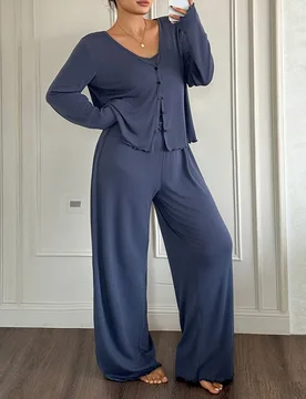 Conjunto de 3 piezas de camisola, cárdigan y pantalones de unicolor, ropa de estar en casa casual para primavera/otoño 2XL - Shein - FashionsVida