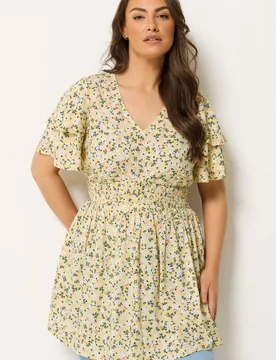 Women's Ditsy Print Flutter Sleeve Top in Yellow Size: 18 - Yellow - Size: 18 - Yours - FashionsVida