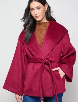 Womens Hooded Cropped Belted Coat - Berry - Size 14 Uk - OASIS - FashionsVida
