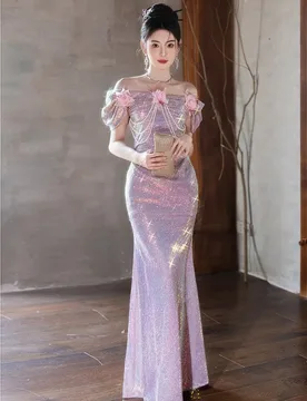 A one-shoulder dress with light luxury and niche feel high-end heavy-duty toasting sequined - Aliexpress - FashionsVida