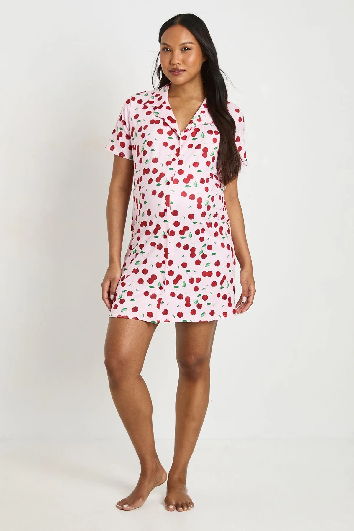 Womens Maternity Cherry Print Nightie - Pink - Size 8 Uk - Boohoo - FashionsVida