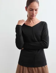 Cotton Modal Blend V-Neck Stitch Detail Top Black female
