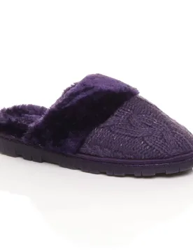 Women's Flat Heel Mule Glitter Cable Knit Slippers in Purple Size: 3 - Purple - Size: 3 - Ajvani - FashionsVida