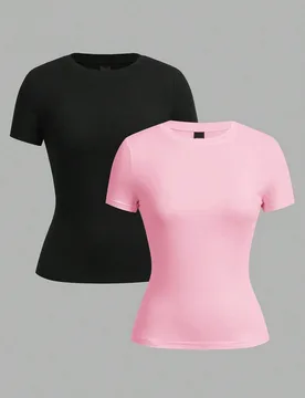 Set de 2 piezas de tops básicos de cuello redondo y manga corta en negro y rosa claro para capas casuales, primavera/verano, adecuados para salir y g - Shein - FashionsVida