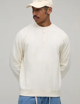 Mens Regular Fit Raglan Panel Henley Sweater - Ecru Cotton - Size Large - boohooMAN - FashionsVida