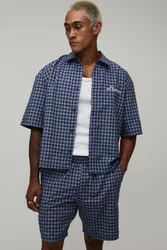 Herren Besticktes Mikrokaro Kastenförmig Übergroßes Hemd & Shorts Set Navy Größe XL
