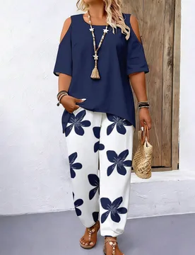 Conjunto de 2 piezas de top de hombros descubiertos con manga corta y pantalones casuales holgados y cómodos, conjunto estampado de talla grande 1XL - Shein - FashionsVida