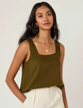 Linen Rich Square Neck Crop Top Green female - Nobody's Child - FashionsVida