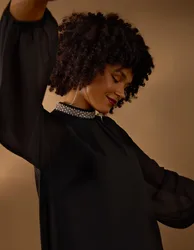 Embellished Collar Tunic Top - S / BLACK - female